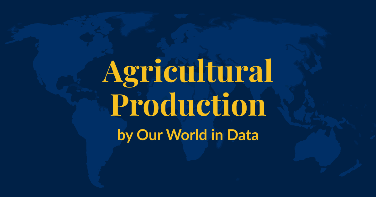 A dark blue background with a lighter blue world map superimposed over it. Yellow text that says Agricultural Production by Our World in Data