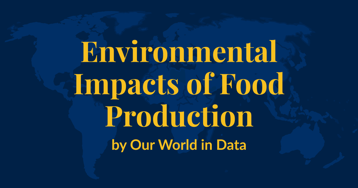 A dark blue background with a lighter blue world map superimposed over it. Yellow text that says Environmental Impacts of Food Production by Our World in Data