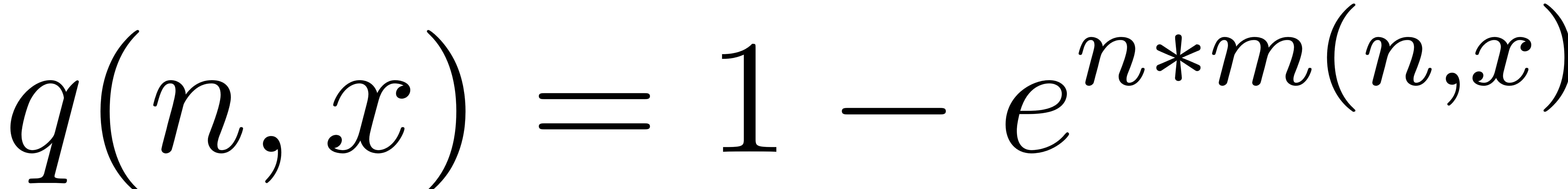 The image contains a mathematical equation expressed in a stylized font. It reads: "q(n, x) = 1 - e raised to the power of n multiplied by m(n, x)." The variables involved are "n" and "x," along with the constant "e," commonly used to denote the base of the natural logarithm. The equation demonstrates a relationship or formula involving these elements.