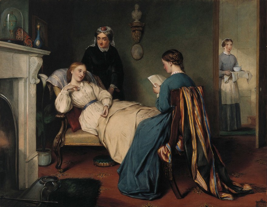 In a serene, intimate setting, three women are depicted in a Victorian-style room. One woman reclines on a chair draped with a light-colored fabric, her expression thoughtful as she rests her head on one hand. She wears a simple white dress, accentuated by a light blue belt. Standing behind her is another woman, dressed in a dark dress and a headscarf, who gazes at her with a caring demeanor. 

Seated in a chair nearby is a woman in a blue dress, holding an open book, seemingly engrossed in its pages. Her hair is styled in an elegant updo. In the background, a third woman in a lighter dress, carrying a tray with a bowl, is entering the room through a doorway, hinting at a supportive atmosphere. 

The room is adorned with a patterned red rug, a marble fireplace to the left with a decorative vase and a small green plant nearby, and a small statue mounted on the wall that adds a touch of artistry to the scene. The overall ambiance conveys a sense of comfort and care among the women.